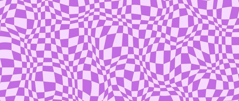Trippy distorted checkerboard background. Purple violet psychedelic checkered wallpaper. Wavy groovy chessboard surface. Twisted geometric pattern. Abstract retro backdrop vector