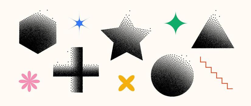 Set of dissolving shapes. Fading cross, hexagon, star, triangle, circle primitives collection. Figures with halftone dust gradient. Geometric elements made of particles, speckles, specks. vector