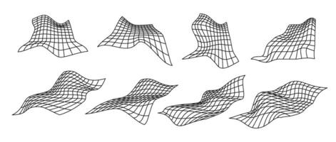 Distorted perspective grid pack. Glitch rectangle plane set. Wavy futuristic elements bundle. Ripple wireframes net collection. Abstract deformed background. vector