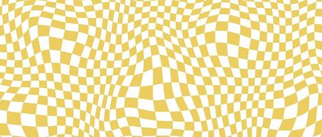 Yellow distorted checkerboard background. Retro psychedelic checkered wallpaper. Wavy groovy chessboard surface. Trippy twisted geometric pattern. Abstract vector