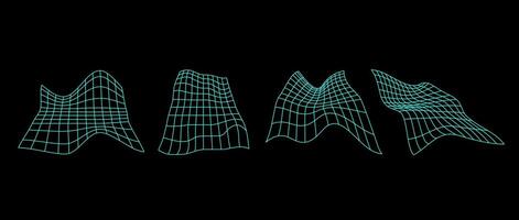 Neon distorted perspective grid pack. Glitch rectangle plane set on dark background. Wavy futuristic elements bundle. Ripple wireframes. Abstract collection. vector