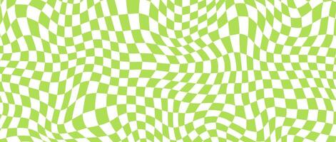 Green distorted checkerboard background. Retro psychedelic checkered wallpaper. Wavy groovy chessboard surface. Trippy twisted geometric pattern. Abstract vector