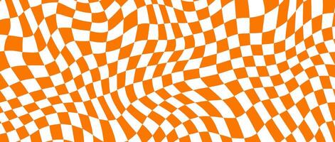 Trippy distorted checkerboard background. Orange retro psychedelic checkered wallpaper. Wavy groovy chessboard surface. Twisted geometric pattern. Abstract vector
