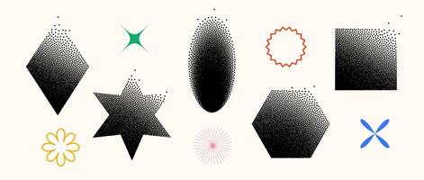 Dissolving shapes set. Fading square, hexagon, star, rhombus, ellipse primitives collection. Figures with halftone dust gradient. Geometric elements for banners, collages, posters. vector