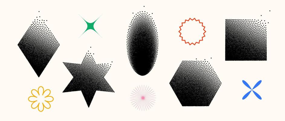 Dissolving shapes set. Fading square, hexagon, star, rhombus, ellipse primitives collection. Figures with halftone dust gradient. Geometric elements for banners, collages, posters.