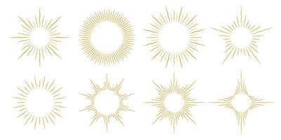 Golden curved sunburst frame set. Retro warped circle sunlight rays pack. Vintage wavy sunbeams design elements for logo, labels, badges, banners. gold collection vector