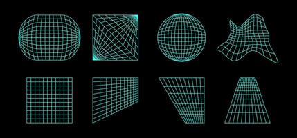 Neon wireframe elements collection. Geometric surface grid of different shape. Distorted perspective planes and object set. Geometric bundle for posters, flyers, collages, templates. vector