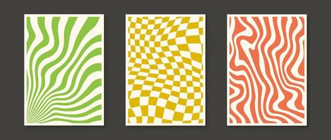 Trippy wavy lines and checkerboard backgrounds set. Psychedelic wavy stripes and distorted curly textures collection. Orange, green and yellow groovy distorted wallpapers. banners, posters vector