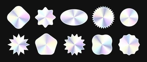 Holographic stickers set. Hologram labels collection. Shiny silver foil elements bundle for emblems, tags, labels, badges, templates, collages. illustration vector