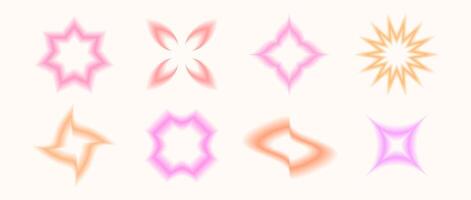 Y2k blurred gradient flowers, stars, wave set. Blurry shapes aura collection. Abstract trendy elements for logo, templates, badges, stickers. vector