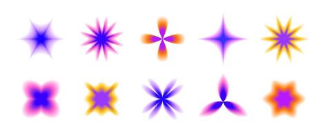Y2k blurred gradient flowers and stars set. Blurry flower aura collection. Colorful abstract trendy elements for logo, templates, badges, stickers, collages. vector