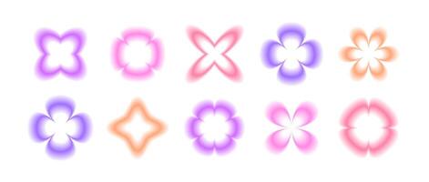 Y2k blurred gradient flowers set. Blurry flower aura collection. Abstract trendy elements for logo, templates, badges, stickers. vector