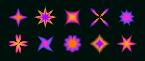 Y2k soft neon gradient flowers and stars set. Blurred flower aura collection. Colorful abstract trendy elements for logo, templates, badges, stickers, collages. vector