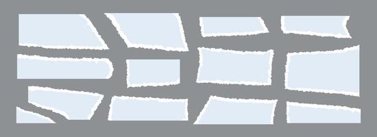 Light blue torn paper pieces set. Ripped paper sheet strips collection. Shapes and elements with jagged uneven edges for collage, text box, banner, sticker. Rip textured cardboard fragments vector