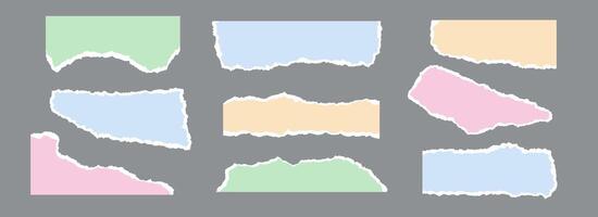 Colored torn paper pieces set. Ripped paper sheet strips collection. Elements and shapes with jagged uneven edges for sticker, collage, text box, banner, poster. Cardboard texture fragments vector