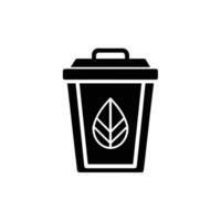 Black and White Compost Bin Icon with Leaf Symbol vector