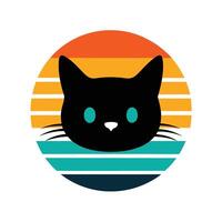 Cute Cat Head Silhouette with Whiskers on Retro Sunset vector
