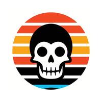 grinning skull silhouette on retro sunset with ocean stripes vector