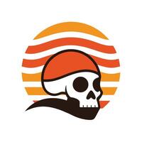 skull in helmet silhouette over retro striped ocean vector