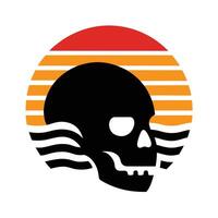 skull silhouette with waves crashing on retro sunset vector