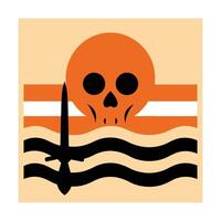 vintage skull profile on retro sunset with waves vector