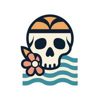 vintage skull wrapped in floral elements with ocean waves vector