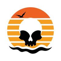 skull silhouette with seagulls and waves on retro vector