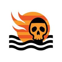 skull with flames silhouette over retro ocean wave vector