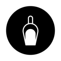 Minimalist white scoop icon on black circle background representing food or product distribution with style vector