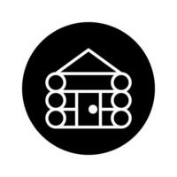 Minimalist log cabin illustration on black circle evokes rustic charm and outdoor adventures offering warmth vector