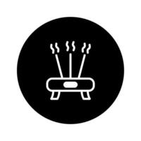 Minimalist incense burner illustration icon showing aroma sticks releasing smoke on black circle background design concept vector