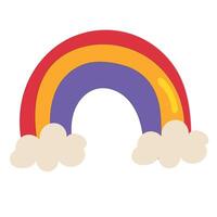 Bright cartoon rainbow with red, orange, and purple arcs between soft beige clouds on white background vector