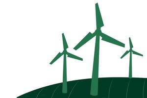 Flat green illustration of wind turbines on hill with white background for clean energy and eco concept vector