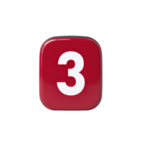 Red square button with number three in white, isolated on transparency background. button has glossy finish and rounded edges, creating modern and sleek appearance png