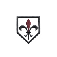 This features embroidered emblem with fleur de lis design gray and red, set within shield outline. fleur de lis is stylized lily often associated with heraldry and symbolism.fleur de lis emblem png