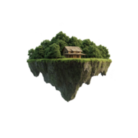 Rustic wooden cabin sits atop floating island covered in lush green trees, creating serene and magical atmosphere. island appears to be suspended in mid air, surrounded by clear skies png