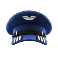 Blue pilot cap with silver emblem and black visor, featuring white stripes, is displayed against plain background. cap exudes sense of authority and professionalism png