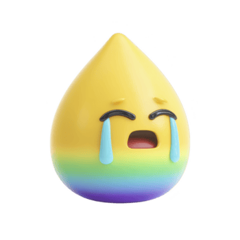 Teardrop shaped character with yellow top and rainbow base is crying with large tears. character has sad expression, featuring closed eyes and small open mouth png