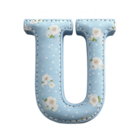 Blue fabric letter U with floral pattern and white stitching creates charming and decorative look png