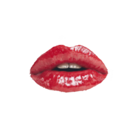 Red glossy lips with shiny finish, slightly parted to reveal teeth, create bold and striking visual. vibrant color and gloss add touch of glamour and allure png