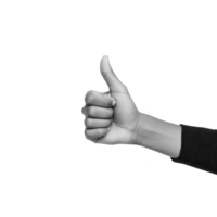 Black and white image of hand showing thumbs up gesture, symbolizing approval or agreement. background is plain, emphasizing hand positive expression png
