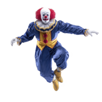 Clown in blue and yellow costume with red hair and white face is jumping energetically. clown expression is playful, with red nose and colorful outfit adding to lively appearance png