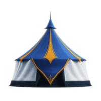 Colorful medieval style tent with blue and gold accents, featuring pointed roof and decorative patterns, evokes sense of adventure and historical charm png