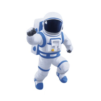 Cartoon astronaut in white and blue spacesuit is floating in space, showcasing playful and adventurous expression. character is equipped with helmet and backpack, symbolizing exploration png