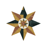 Geometric star design with eight points features textured, multicolored pattern in shades of gold, brown, and dark green, creating vintage and artistic appearance png