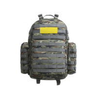 Camouflage tactical backpack with multiple compartments and yellow patch on front, designed for outdoor activities and military use. Durable and versatile png