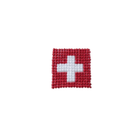 Small, square, beaded patch features white cross on red background, resembling Swiss flag. intricate beadwork creates textured appearance, highlighting craftsmanship png