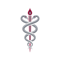 Symbol featuring two intertwined snakes around staff with flame on top, representing medicine and healing. design is intricate and symbolic, often associated with medical professions png