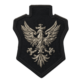 This features embroidered patch with detailed eagle design, symbolizing strength and nobility. patch is shaped like shield, with intricate stitching in contrasting color png