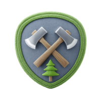 Shield shaped patch features two crossed axes with wooden handles and silver blades, set against blue fabric background. small green tree is positioned below axes, all bordered by green png